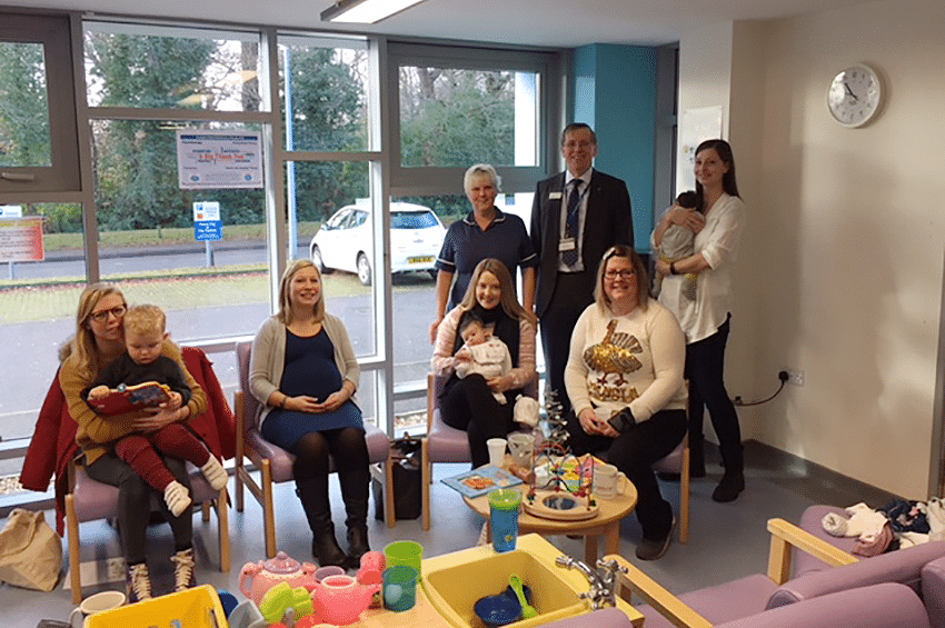 Jo McBride diabetes and Insulin Pump Specialist, with our Chairman Andy Field and some mums attending the support group.